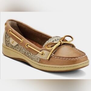 Sperry Angelfish Topsider Boat Shoe In Gold Glitter and Beige sz 7 Nautical